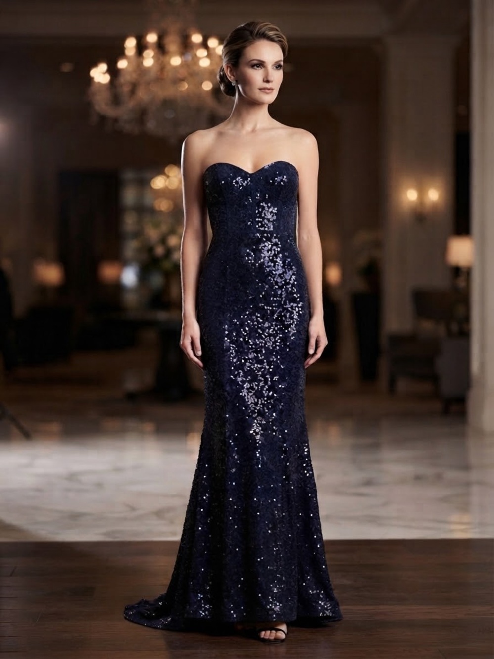 NWT THEIA Mal Strapless Gown Navy Sequin Evening Gown